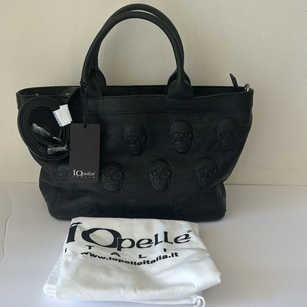 IO PELLE Black Made In Italy Leather Skull Satchel Black Med